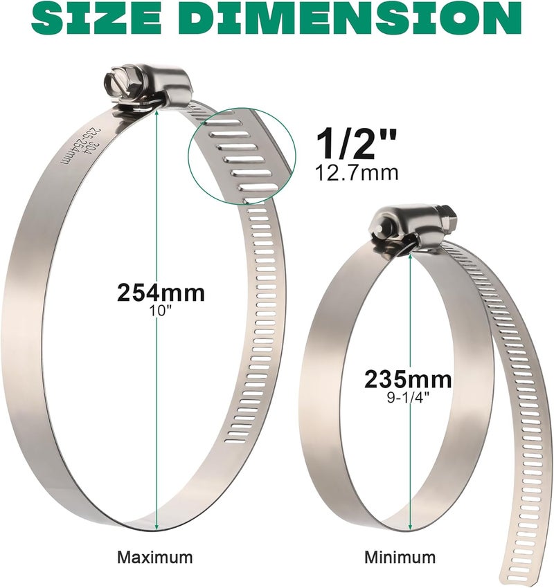 ORU Large Hose Clamps, 10 Pack 10 Inch Stainless Steel Hose Clamps Adjustable from 9-1/4"-10"/235-254mm, Metal Worm Gear Duct Clamp for Air Ducting, Dryer Vent Hose, Fuel Line, Automotive - Image 2
